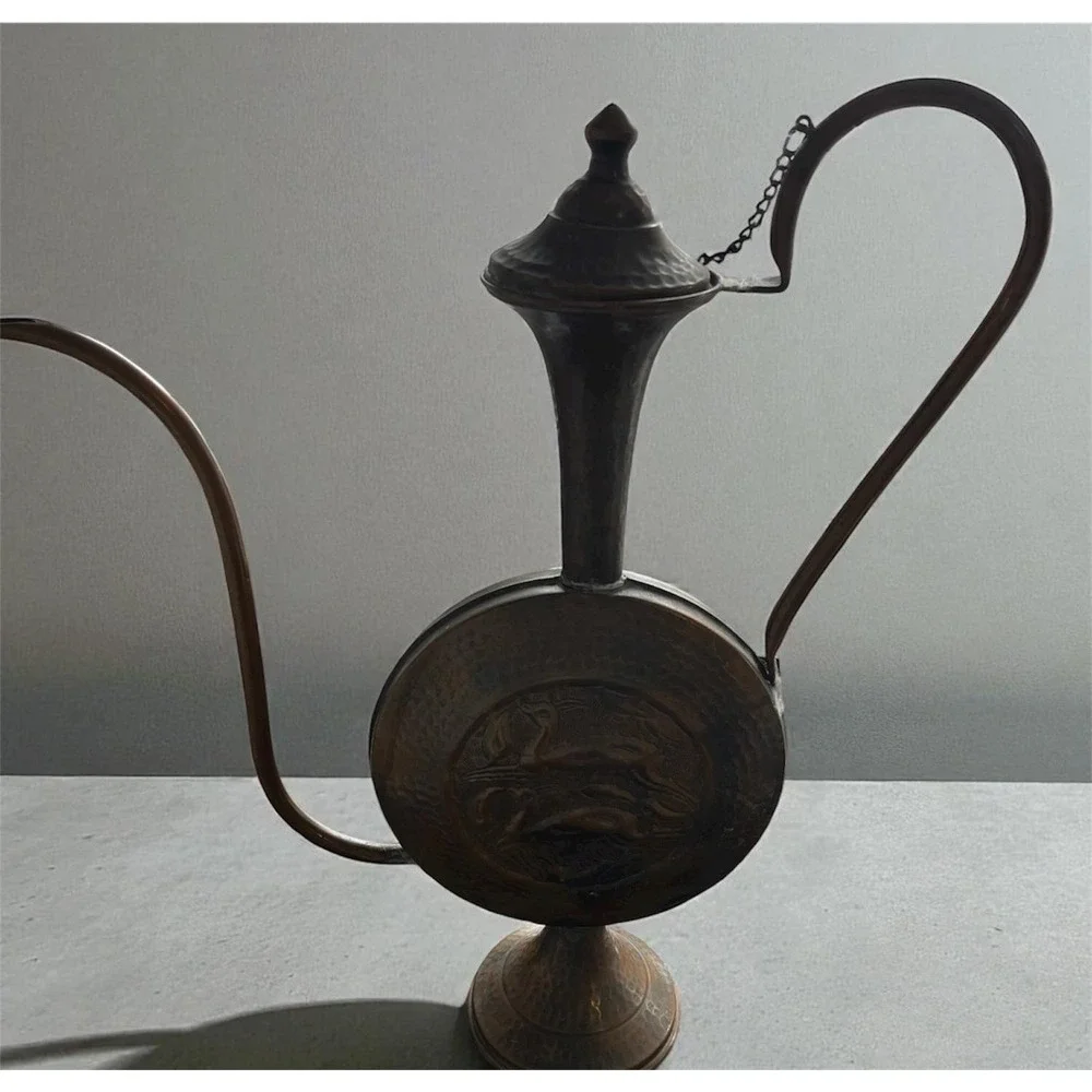 Vintage Copper Metal Water Pitcher‎ Ewer Embossed Figural Scene Spout Handle